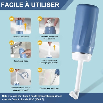 Nous voyons sur la photo la douchette WC bleue avec son mode d'utilisation facile.