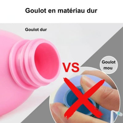 La photo nous montre le goulot dur de la douchette WC de couleur rose versus un goulot mou de couleur bleu.