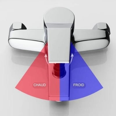 Vue de face du robinet pour baignoire avec les deux modes de réglage de la température pour l'eau froide à droite et l'eau chaude à gauche.
