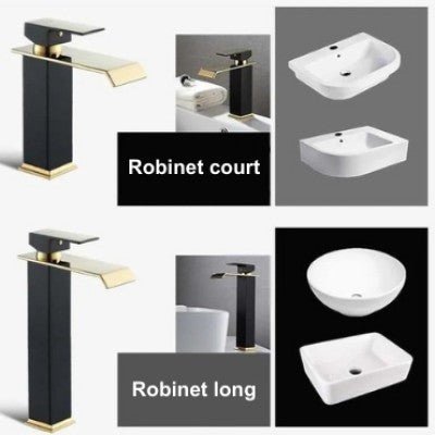 Les deux robinets court et long noir ainsi que leur manche et bec dorés sont l'un au-dessous de l'autre. À côté de chaque robinet se trouvent leurs lavabos respectifs.