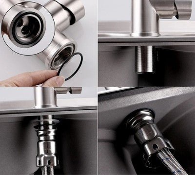 Quatre petites photos nous présentent les différentes étapes, de l'installation facile du robinet qui permet un gain de temps et d'énergie.