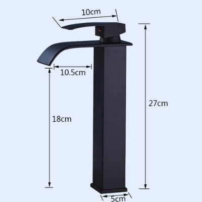Le robinet pour lavabo noir mat long est présenté debout avec ses mesures en centimètres.