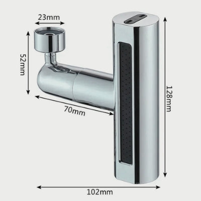L'image fournit les mesures du robinet cuisine douchette en millimètres : Hauteur (verticale) : 128 mm ; Largeur (horizontale) : 102 mm.