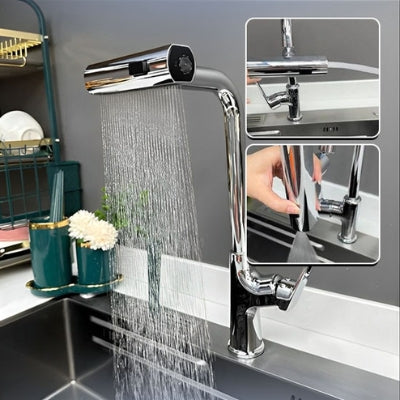 Trois photos montrent les trois modes du débit du robinet cuisine douchette et son mode rotatif à 360 degrés. Une main contrôle le jet d'eau.