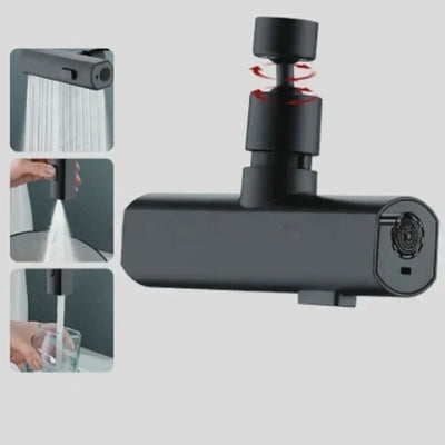 La photo montre les trois modes de jet du robinet cuisine douchette noir et son mode rotatif à 360 degrés.