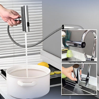 Trois photos représentent les trois modes de jet du robinet cuisine douchette argent et son mode rotatif à 360 degrés. Une main contrôle le débit d'eau.