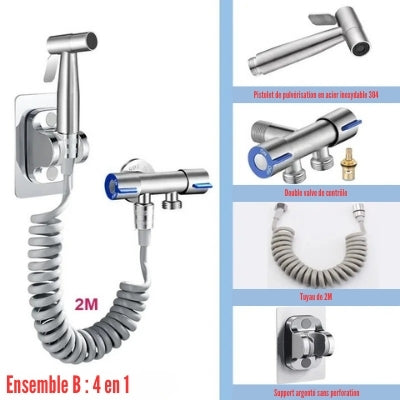 Ensemble de la douchette WC argent avec ses quatre pièces.