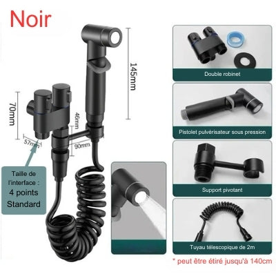 Kit de la douchette WC noire avec ses quatre éléments et ses mesures.
