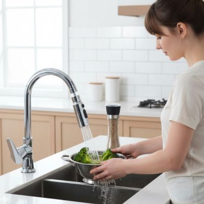 embout robinet femme lave salade avec passoire dans évier