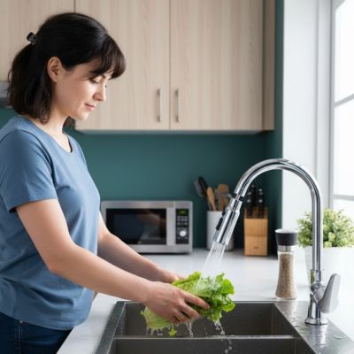 embout robinet femme rince salade dans évier