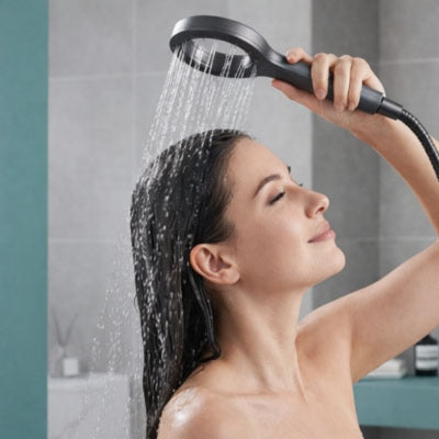 femme lave ses cheveux avec pommeau de douche