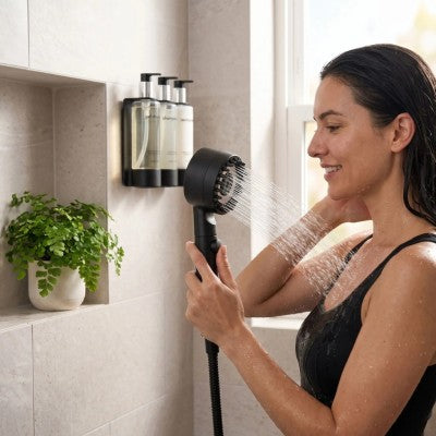 femme se lave avec pommeau de douche jet 5 noir