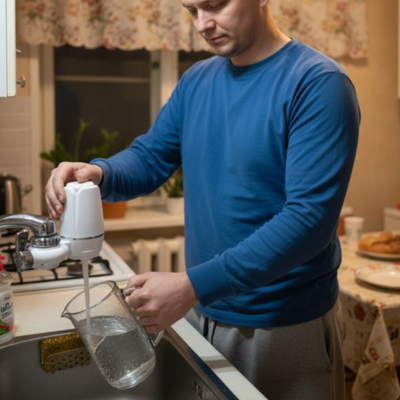 filtre à eau robinet blanc avec homme remplit carafe eau