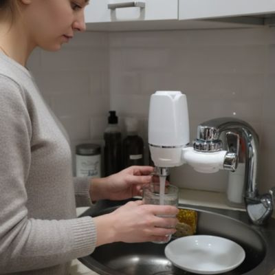 filtre à eau robinet blanc avec femme remplit verre eau