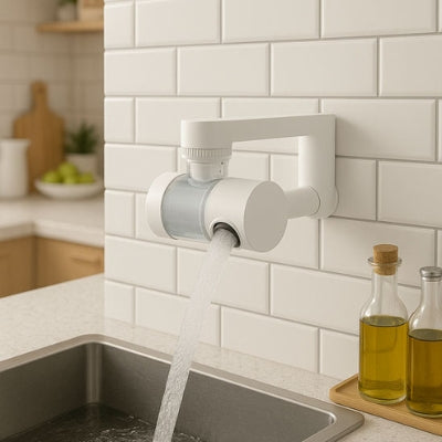 filtre eau robinet blanc installé au mur