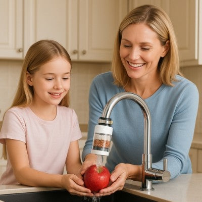 filtre eau robinet blanc avec rinçage pomme rouge