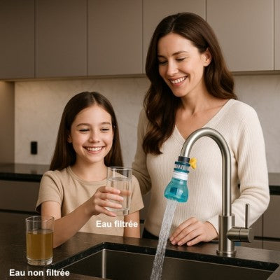 filtre eau robinet avec verre d'eau filtrée 