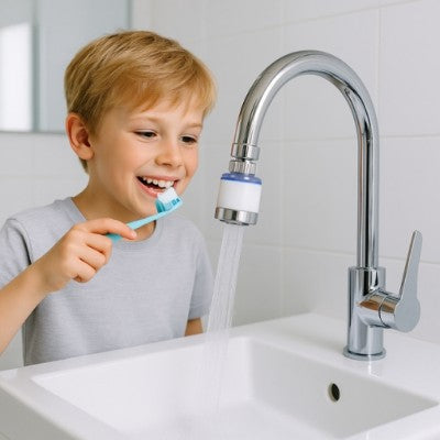 filtre eau robinet ergonomique avec jeune garçon et brosse à dents 