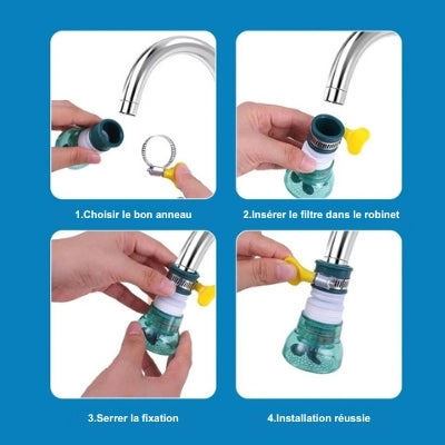 filtre eau robinet vert avec étapes montage 