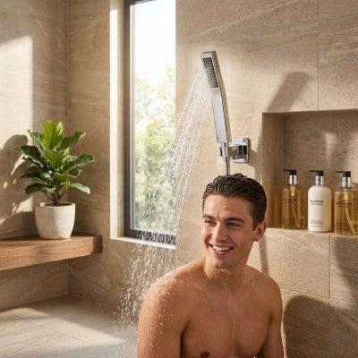homme se lave avec pommeau de douche pulse élégant