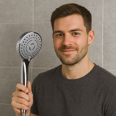 homme tient pommeau de douche shower 5 argent ergonomique