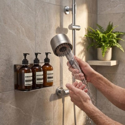 pommeau de douche 3 modes gris clair ergonomique tenu avec main