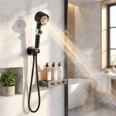 pommeau de douche 3 modes noir élégant dans salle de bain avec jet eau
