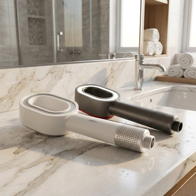 pommeau de douche duofiltre blanc gris sur comptoir lavabo