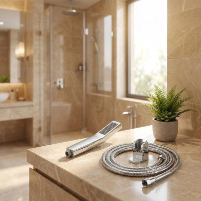 pommeau de douche pulse avec tuyau support sur comptoir salle de bains