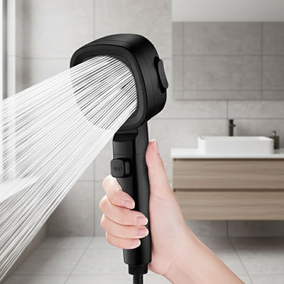 pommeau de douche shower 3 jets noir avec jet eau tenu par main