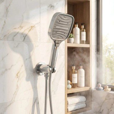 pommeau de douche speed 8 argent élégant installé mur salle de bains
