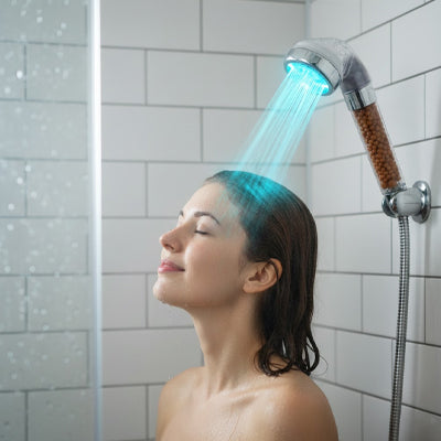 femme lave cheveux avec pommeau de douche tricouleurs