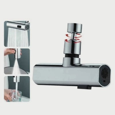 La photo représente les trois modes de lavage du robinet cuisine douchette argent et son mode rotatif à 360 degrés.