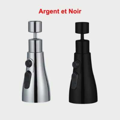 Ensemble de deux douchettes argent et noir pour le robinet cuisine douchette avec les boutons pour les trois modes de jet d'eau et le bouton d'arrêt.