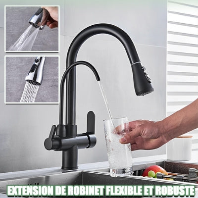 Robinet cuisine douchette de couleur noire avec de l'eau qui coule dans un verre tenu par une main. En médaillon, deux douchettes de couleur argent. Chaque douchette avec un mode de jet d'eau différent.