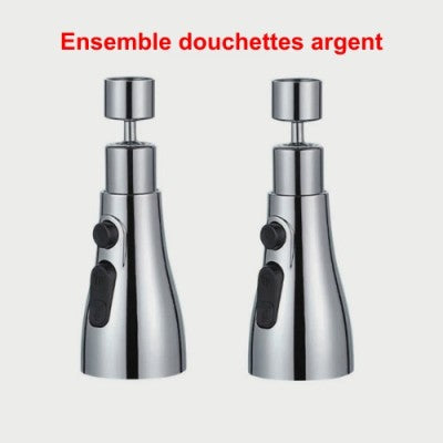 Un ensemble de deux douchettes argent pour le robinet cuisine douchette avec les boutons des trois modes de jet d'eau et le bouton d'arrêt.