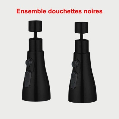 Un ensemble de deux douchettes noires pour le robinet cuisine douchette avec les boutons des trois modes de jet d'eau et le bouton d'arrêt.