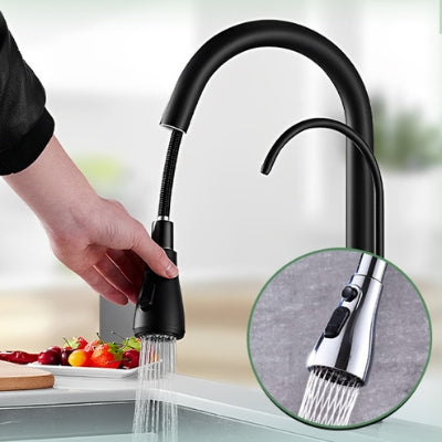 Une main tient le robinet cuisine douchette de couleur noire, avec le tuyau extensible. L'eau coule dans l'évier. En médaillon, une douchette de couleur argent.