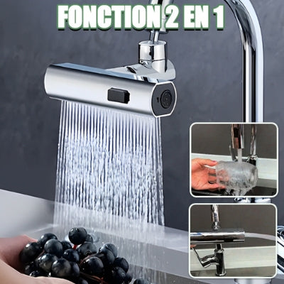 Sur la photo le robinet cuisine douchette avec ses différents jets en train de laver des raisins et le lave un verre.