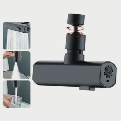 La photo représente les trois modes de lavage du robinet cuisine douchette noir et son mode rotatif à 360 degrés.