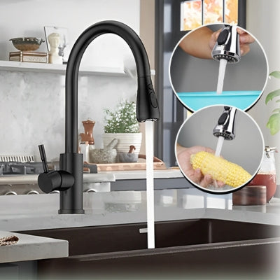 Le robinet cuisine douchette de couleur noire avec de l'eau qui coule dans un verre tenu par une main. En médaillon, nous apercevons deux douchettes de couleur argent.