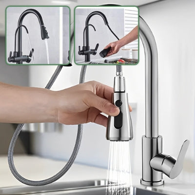 Le robinet cuisine douchette de couleur argent tenu par une main avec de l'eau qui coule dans un évier. En médaillon, nous voyons deux douchettes de couleur noire. 