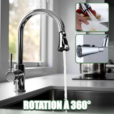 Le robinet cuisine douchette de couleur argent avec de l'eau qui coule dans l'évier de la cuisine. En médaillon, nous apercevons deux douchettes de couleur argent.