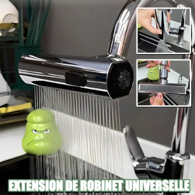La photo représente le robinet cuisine douchette de couleur argent avec son mode de débit douche et son extension de robinet universelle.