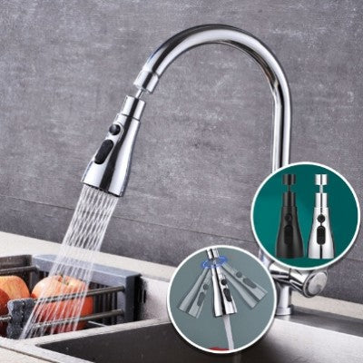 L'eau coule du robinet cuisine douchette. En médaillon, deux douchettes de couleur argent et noir et la rotation de 360 degrés.